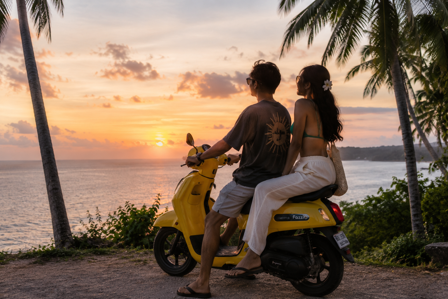 Couple on a scooter watching sunset over Siargao ocean
